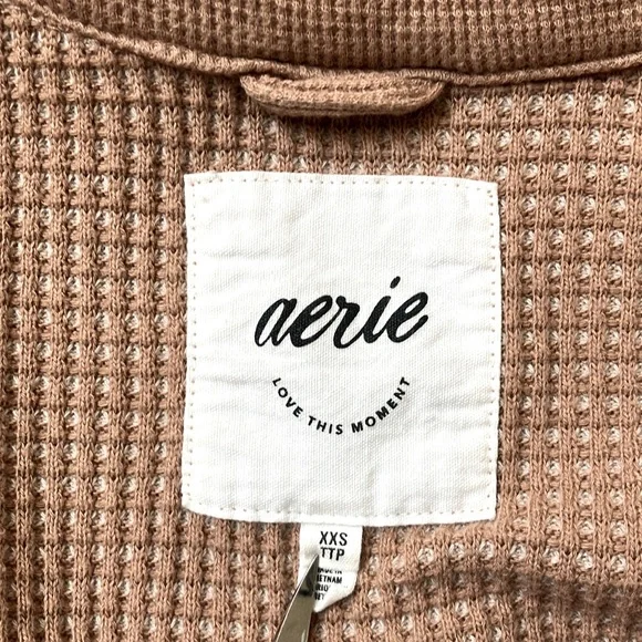 Aerie Women’s Textured Waffle Shirt Long Sleeve Brown & Cream Size Oversized XXS - Picture 13 of 16